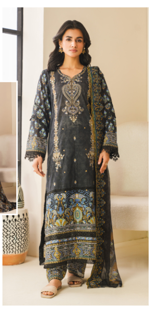 JOHRA Haziq Embroidered Printed Bana Dora Lawn With Printed Bamber Chiffon Dupatta & Printed Trouser JH-412