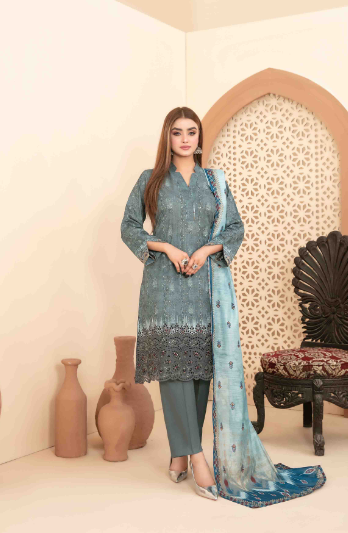 YASHFA collection by Tawakkal Fabrics—featuring exquisite Jaal & Daman embroidery on digital printed lawn, paired with a stunning slub dupatta and soft cotton shalwar (D-1008)