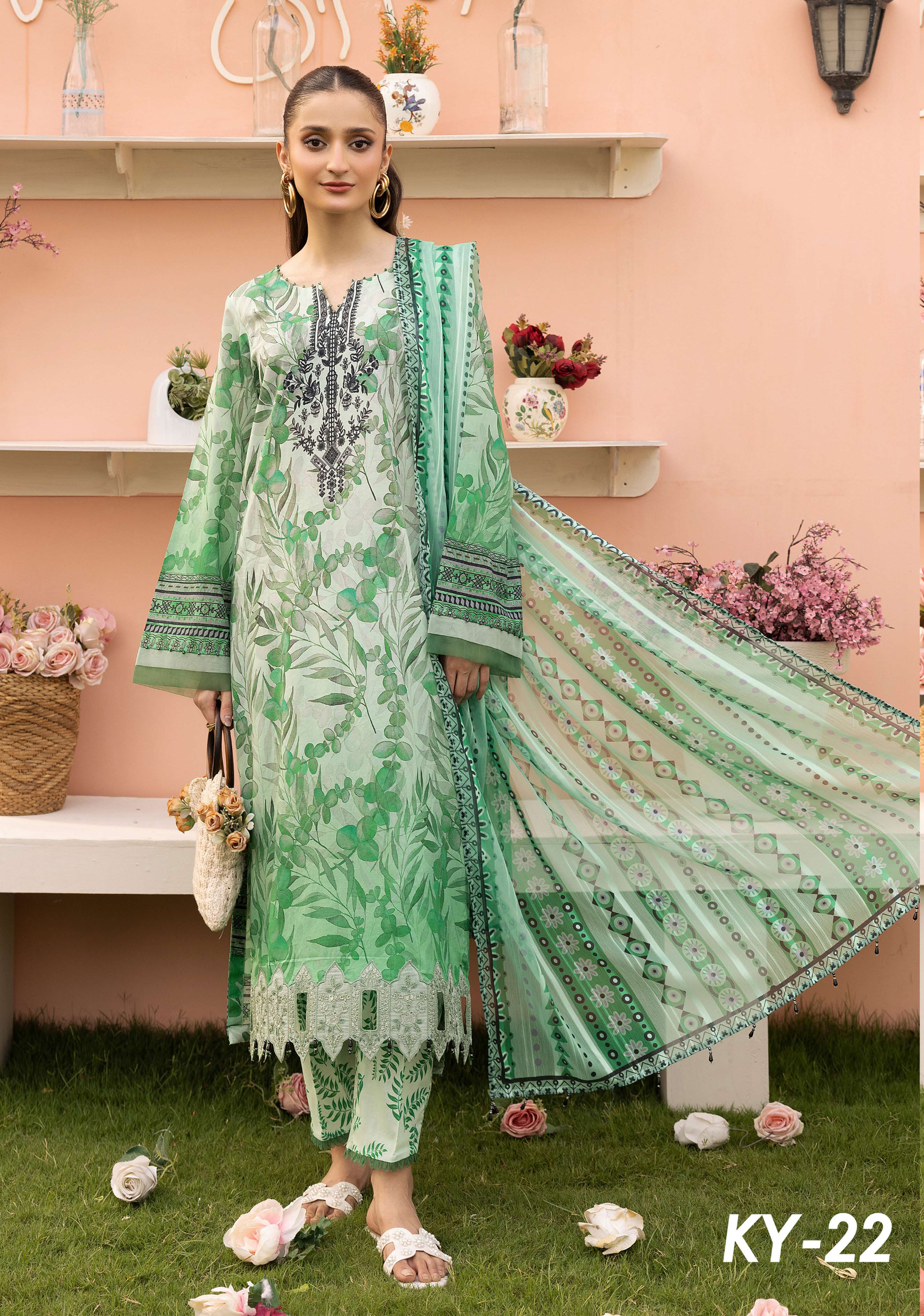 KESARIYA  BY RIAZ ARTS  EMBROIDERED CUTWORK LAWN SHIRT WITH ZARI CHIFFONE DUPPATA & TROUSER