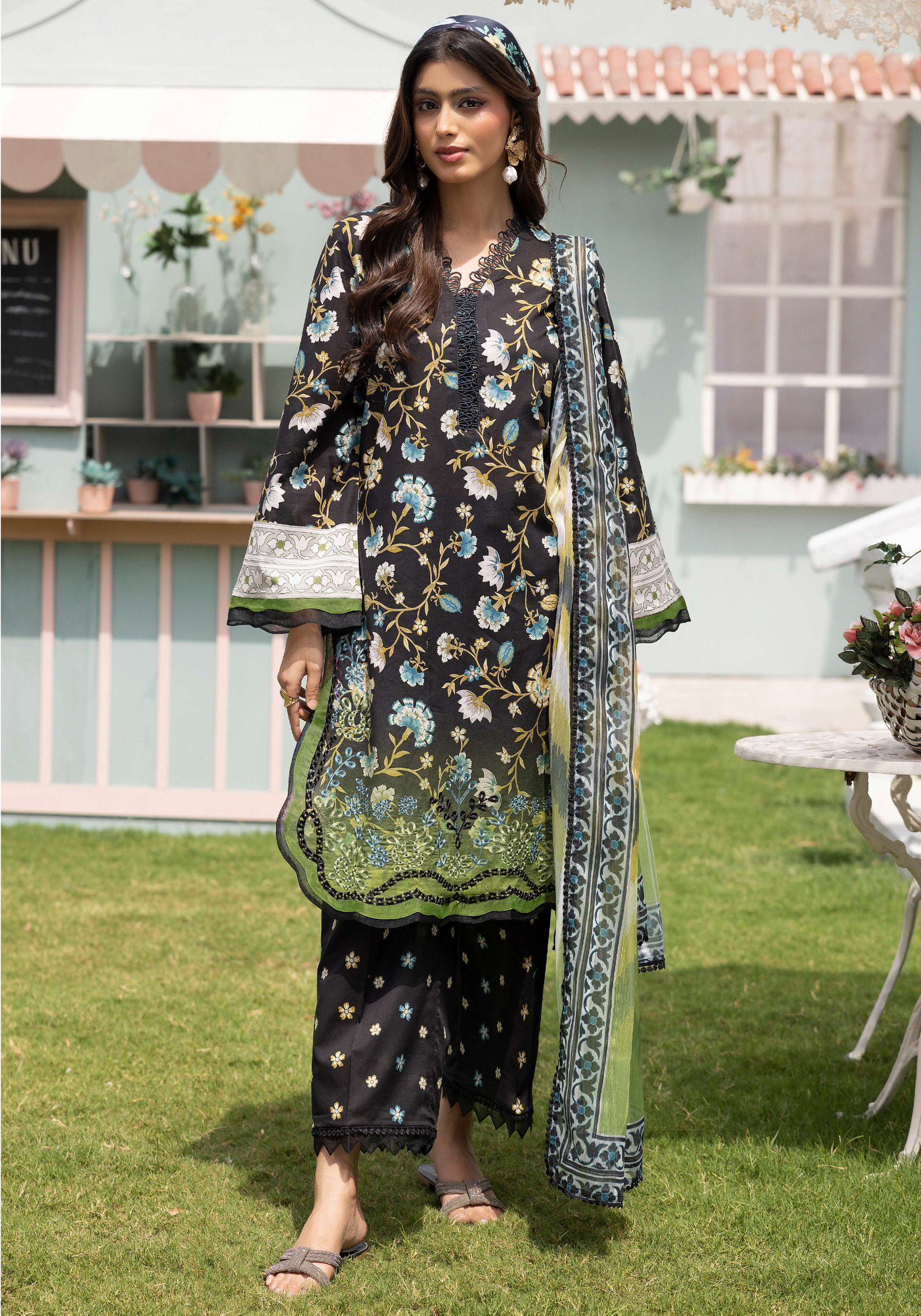 KESARIYA  BY RIAZ ARTS  EMBROIDERED CUTWORK LAWN SHIRT WITH ZARI CHIFFONE DUPPATA & TROUSER