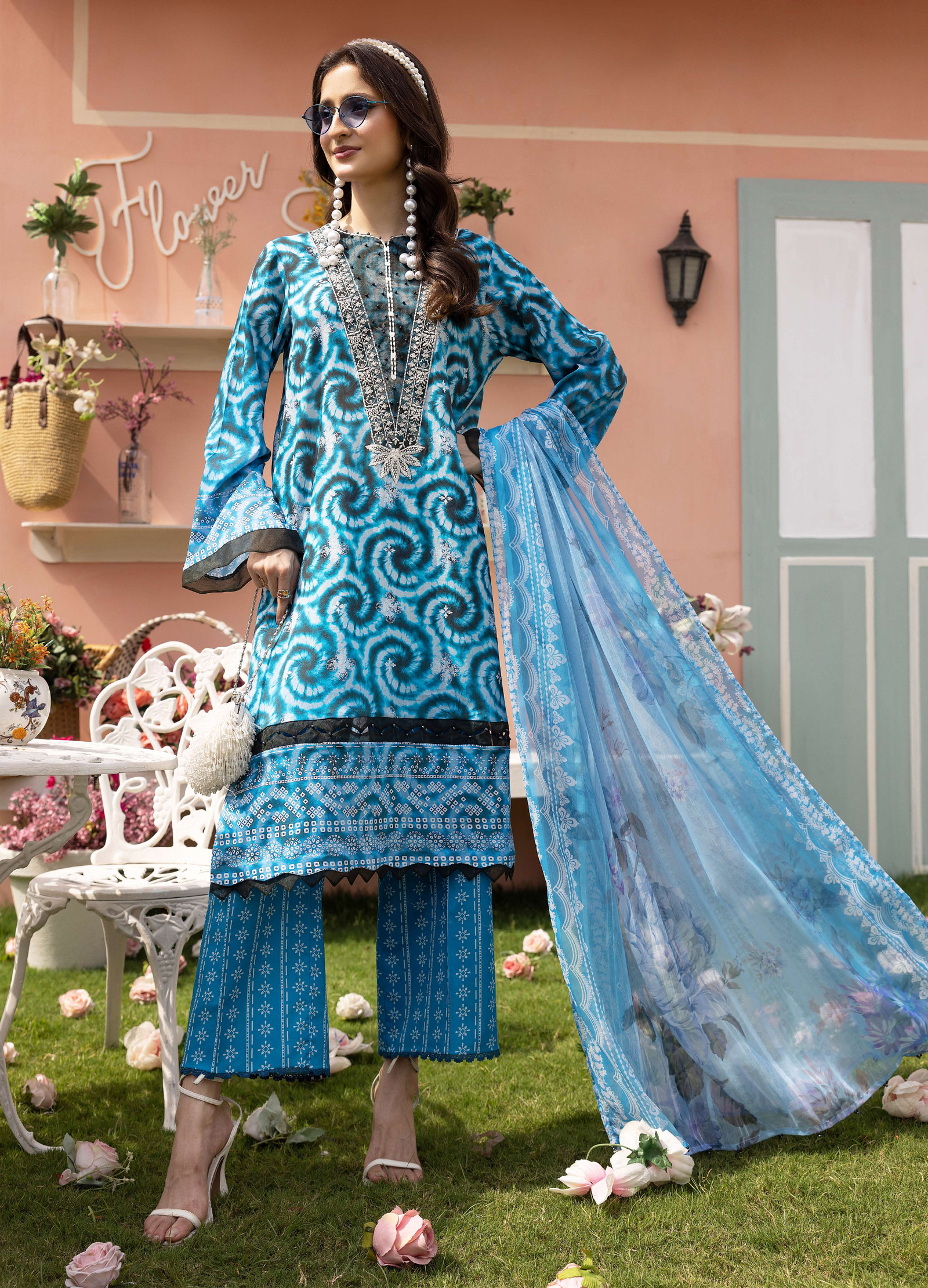 KESARIYA  BY RIAZ ARTS  EMBROIDERED CUTWORK LAWN SHIRT WITH ZARI CHIFFONE DUPPATA & TROUSER