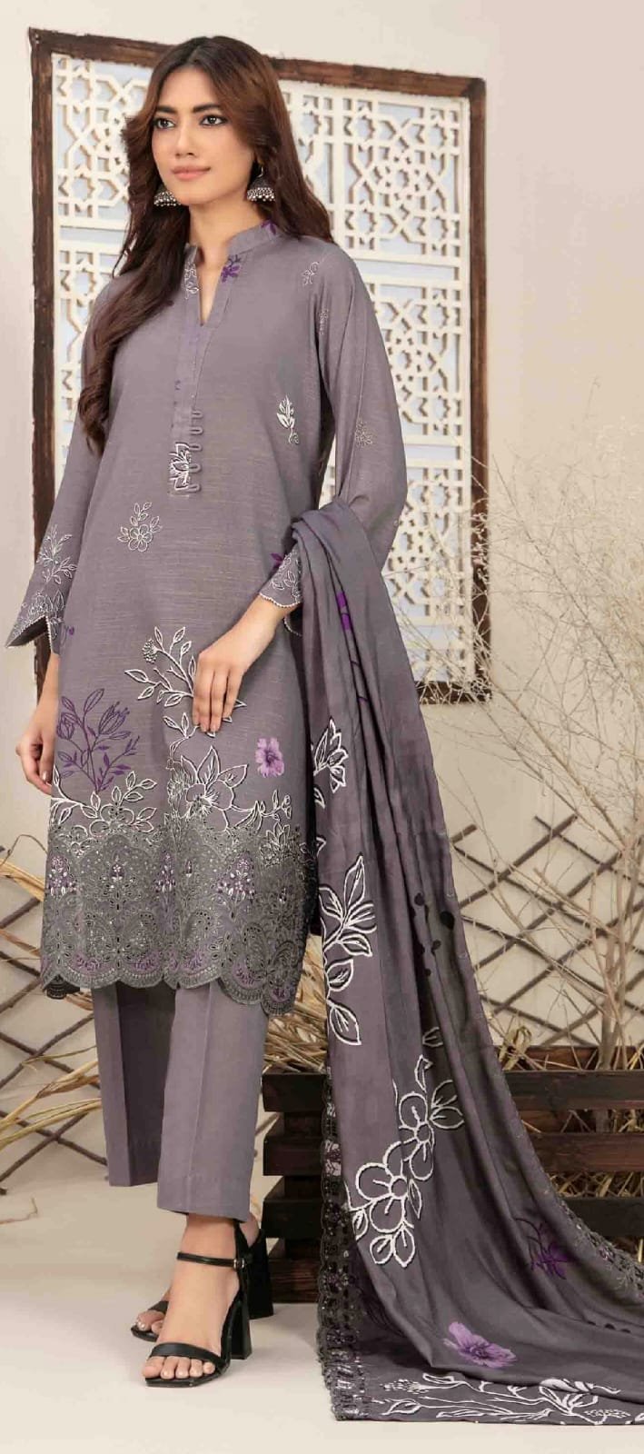 ZAHIA By Tawakkal Fabrics Un-Stitched Embroidered Digital Printed Slub Khaddar Shirt Designs * with Cutwork Embroidered Digital Printed Shawl Dupatta & Unstitched Plain Khaddar Shalwar Fabric