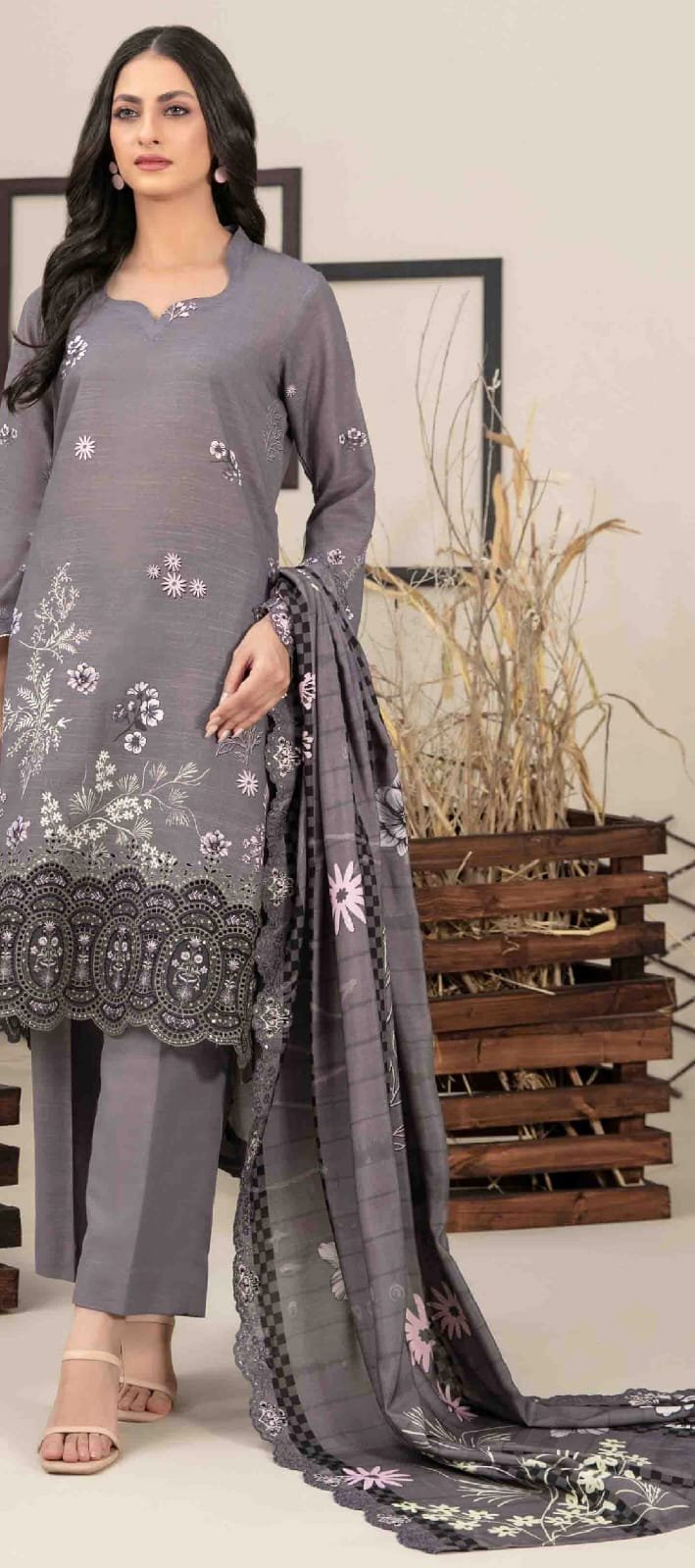 ZAHIA By Tawakkal Fabrics Un-Stitched Embroidered Digital Printed Slub Khaddar Shirt Designs * with Cutwork Embroidered Digital Printed Shawl Dupatta & Unstitched Plain Khaddar Shalwar Fabric