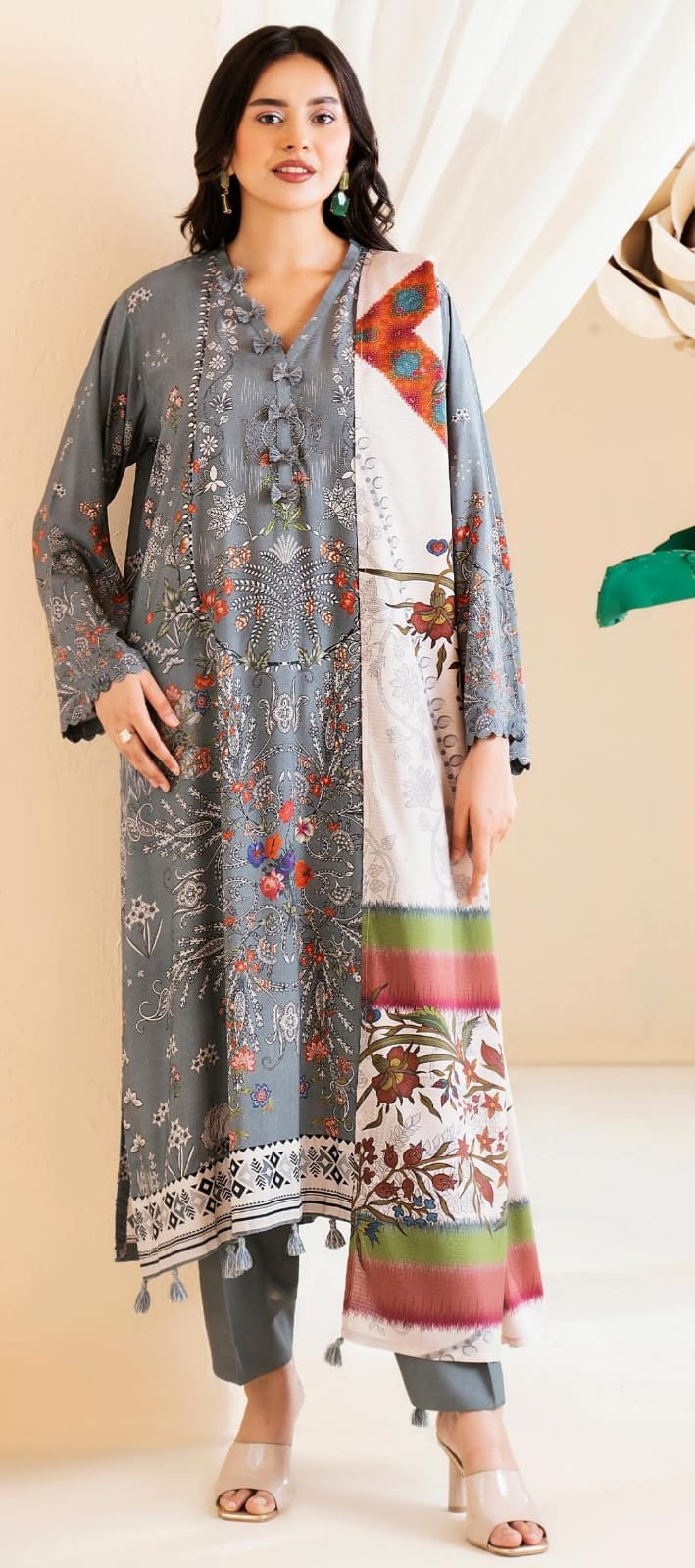 REEBA THREE PIECE COLLECTION SHIRT DIGITAL PRINTED LINEN DUPPATA DIGITAL PRINTED BANA DARA LINEN TROUSER DYED LINEN